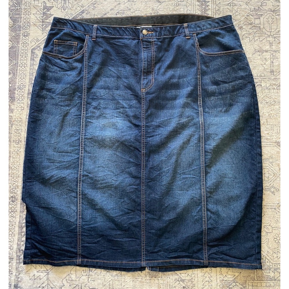 Catherines Denim Midi Skirt 3X 26/28W Zip Dark Wash Stretch Cotton Straight Fit